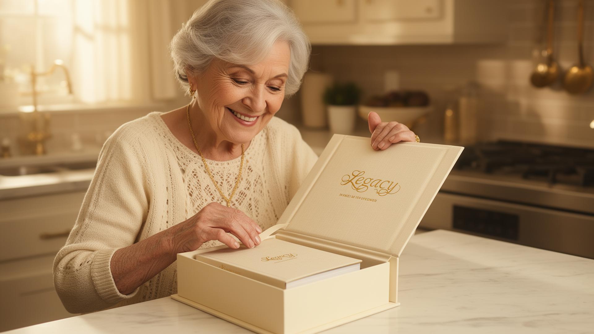 Grandmother opening a premium Carving Forever legacy book package at home